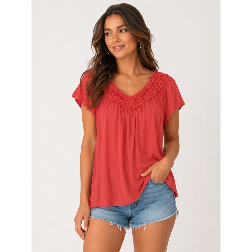 RXB Womens Red Crochet V-Neck Flutter Short Sleeve Relaxed Knit Top Large